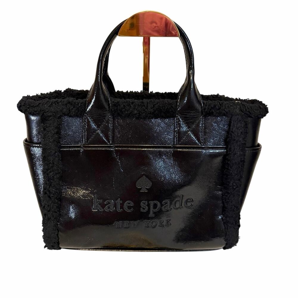 Kate Spade Faux Shearling Patent Tote Bag Small Black Cozy Winter Luxe Chic $459